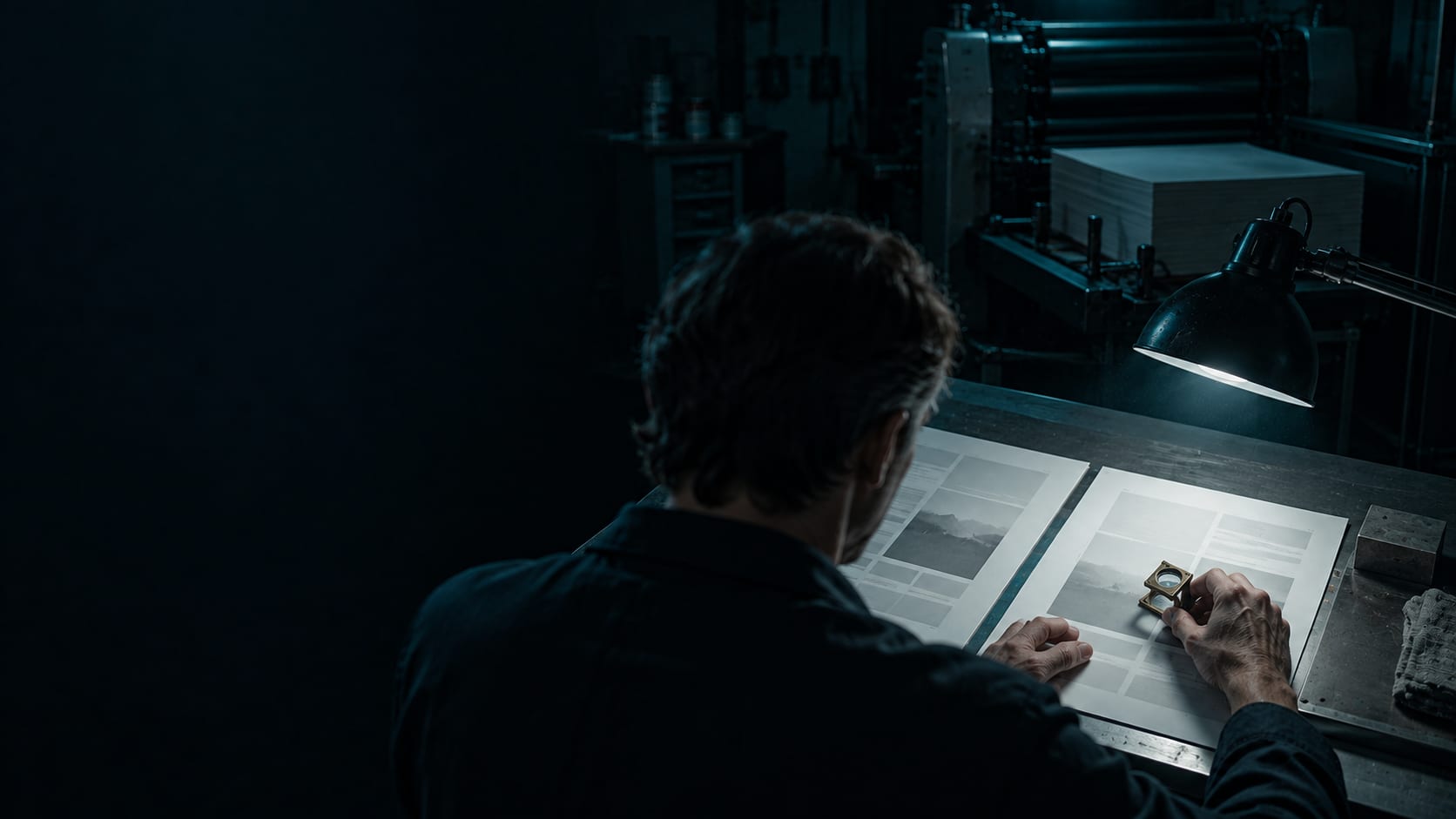 Over the shoulder of a printer at a night inspection table, holding a loupe over a fresh proof sheet beside the approved master proof, a stopped press and unprinted paper behind.