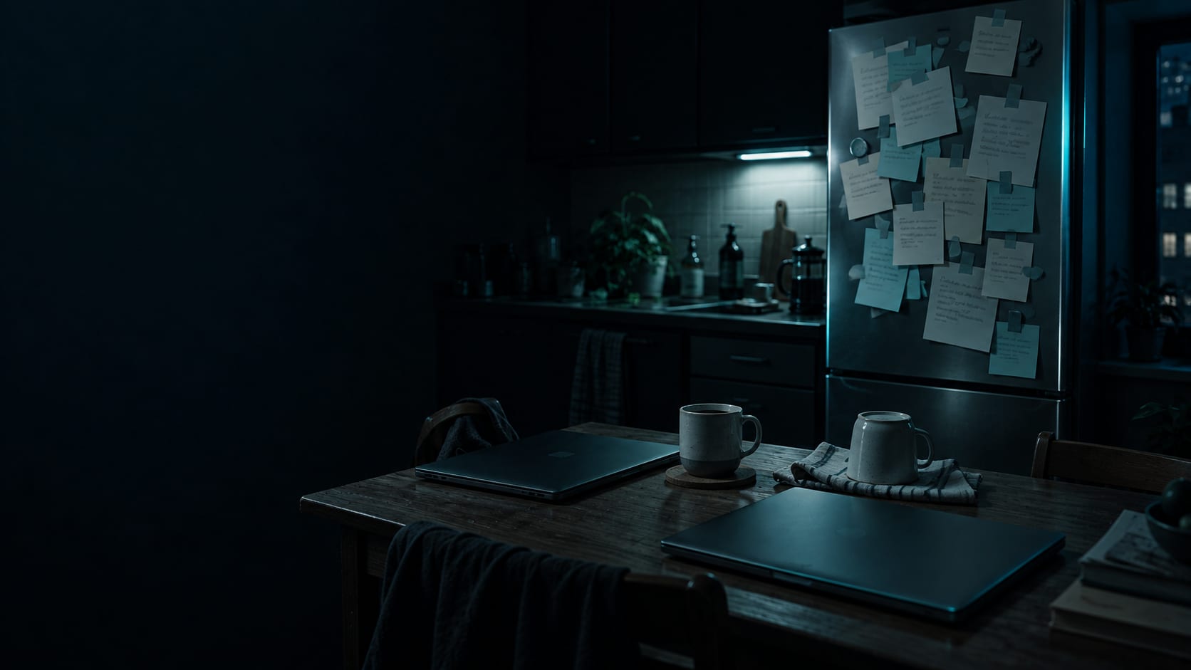 A dark kitchen at night: a fridge door covered in overlapping notes, two mugs on the counter and two closed laptops facing away from each other.