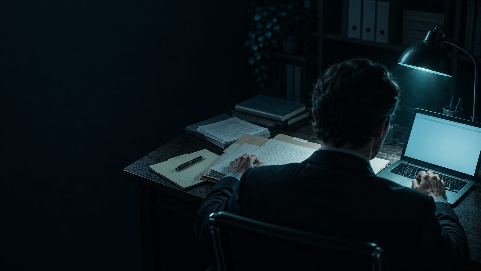 Over the shoulder of a lawyer at a desk at night, one hand flat on an open case file and the other on a laptop keyboard, lit only by a gooseneck lamp.