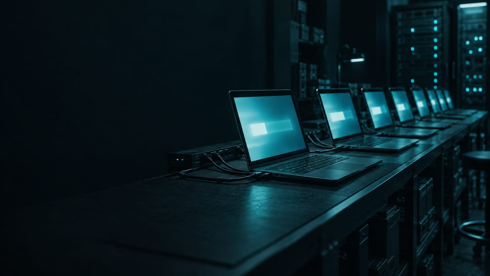 A dark build room at night: a row of identical open laptops receding along a bench, cabled together and all showing the same progress bar, with server racks glowing teal behind.