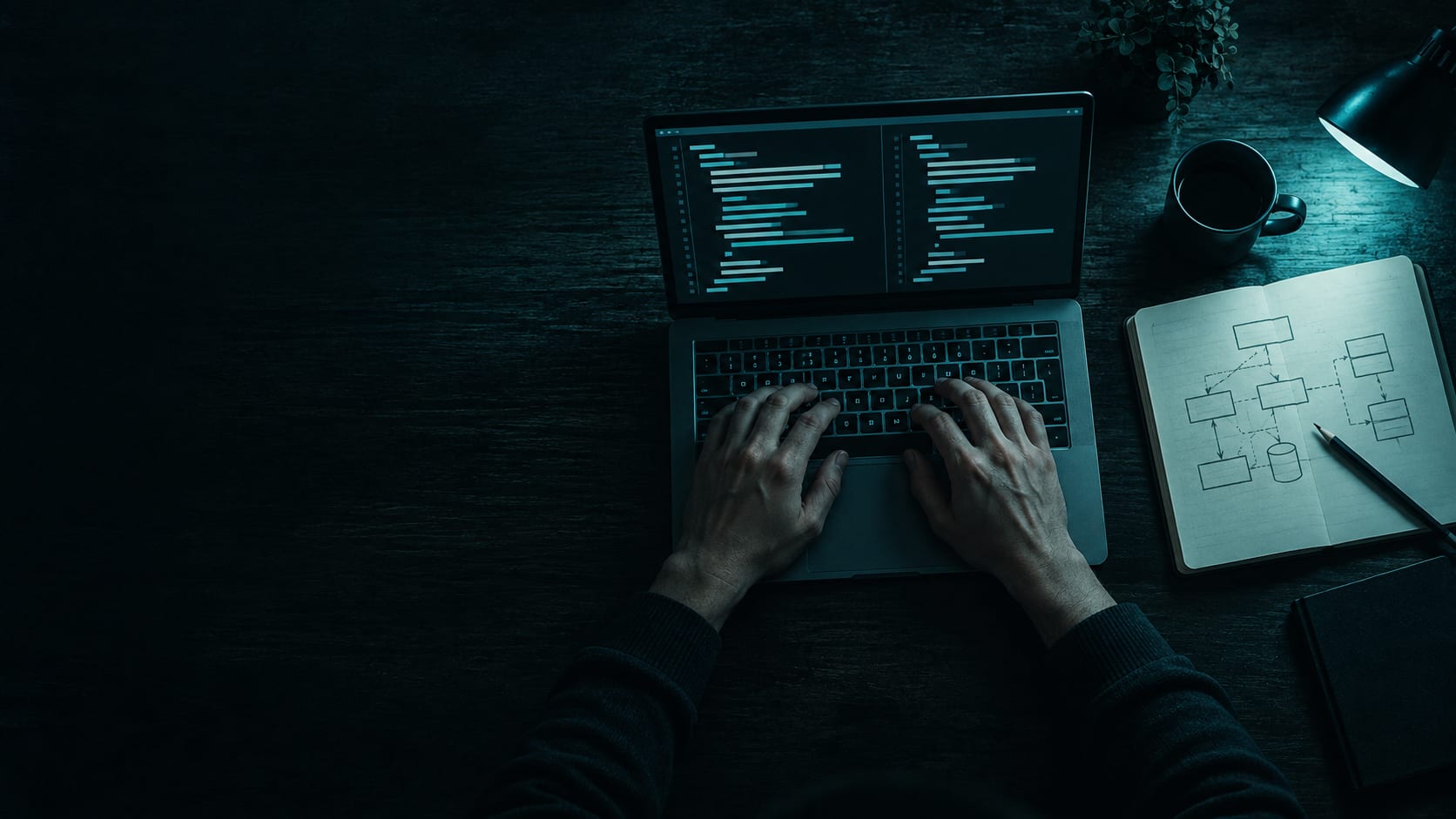 Overhead view of hands typing on a laptop at night, its editor split into two panes of code with the same shape, beside a notebook sketch of boxes and arrows, a mug and a teal desk lamp.